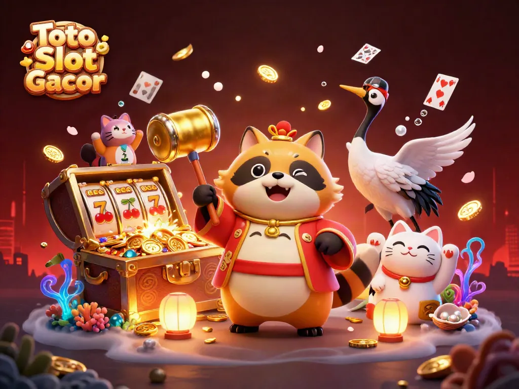Gambarkan Toto Slot Gacor dengan tanuki ceria dan simbol slot berkilau di latar belakang.