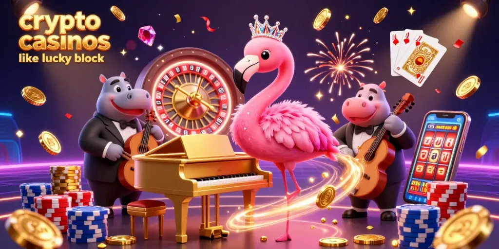Experience the allure of crypto casinos like Lucky Block with vibrant 3D characters and dynamic casino elements.