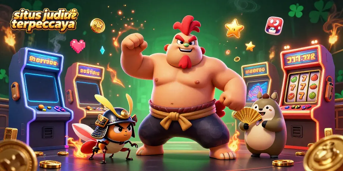 Gambaran permainan dari situs judi online terpercaya menampilkan ayam sumo, serangga samurai, dan pengumuman tanuki.