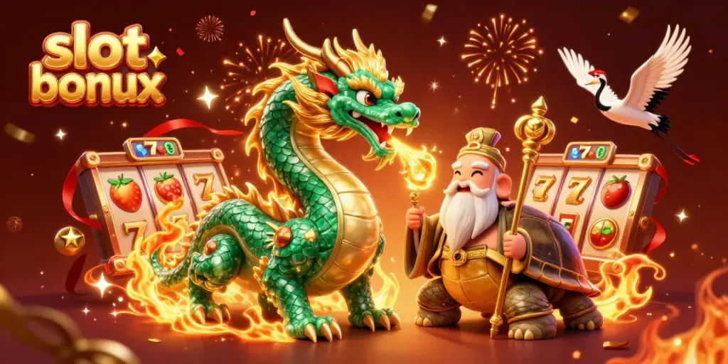 Experience thrilling slot bonus excitement with a jade dragon and lucky cranes in an energetic casino scene.