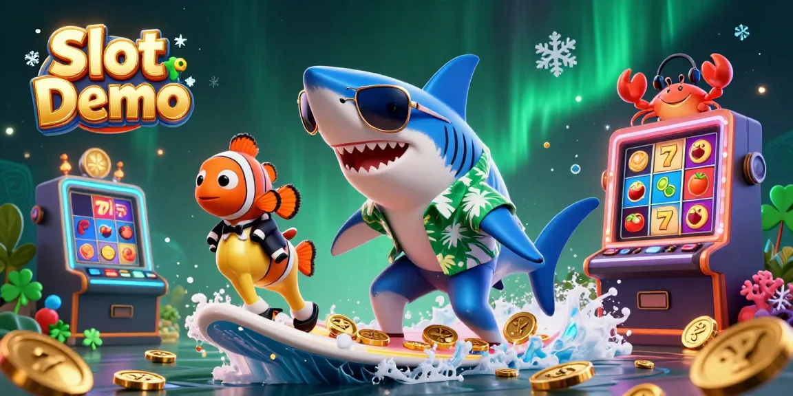 Experience Slot Demo with a vibrant 3D scene featuring a hammer-head shark surfing on gold coins alongside a clownfish and crab DJ, showcasing exciting slot elements.