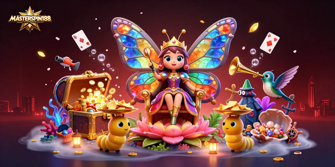 Engage with MASTERSPIN188's vibrant casino scene featuring a butterfly queen amidst gold and gems.
