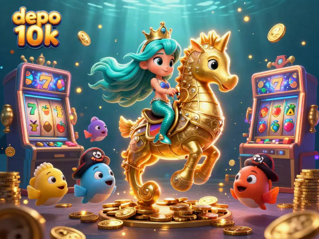 Experience the excitement of depo 10k with colorful slot reels and a golden mermaid princess in a vibrant underwater scene.