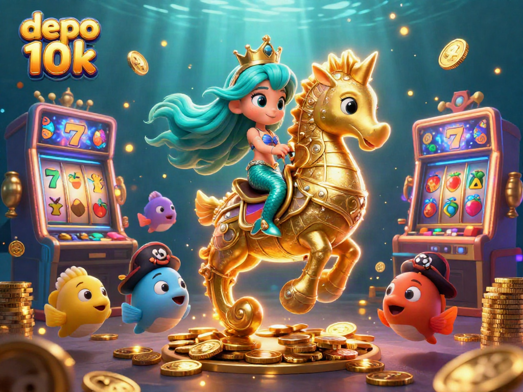 Experience the excitement of depo 10k with colorful slot reels and a golden mermaid princess in a vibrant underwater scene.