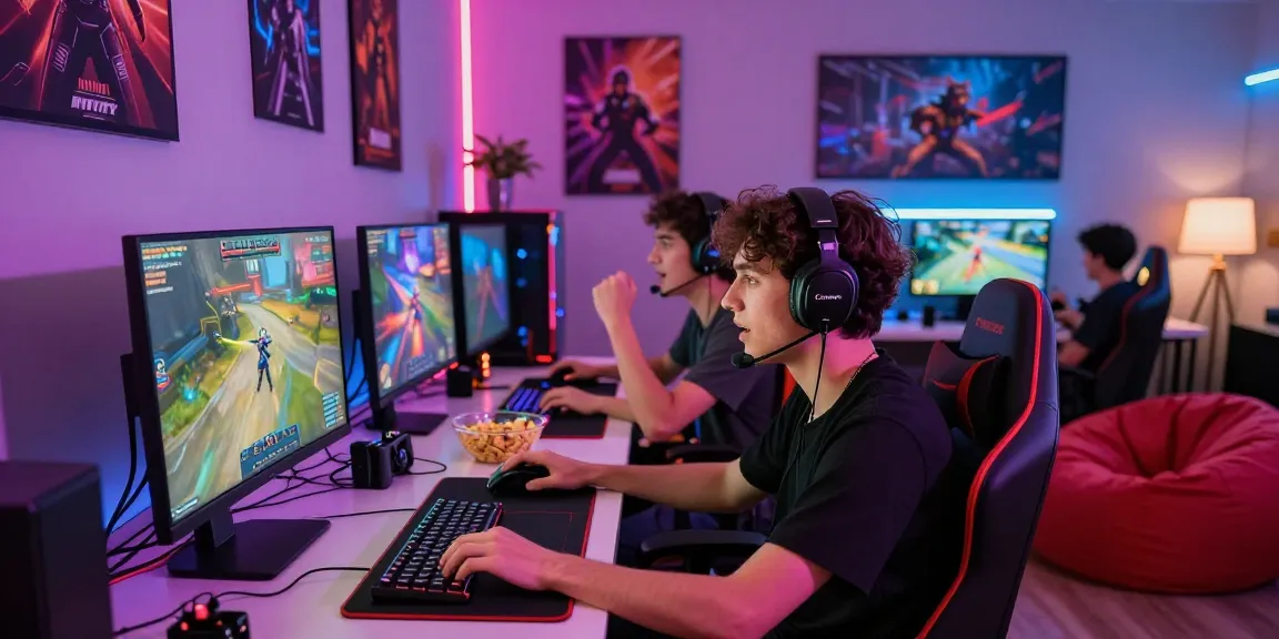 Suasana permainan online mewah luxury111 dengan teman-teman bermain video game, cahaya LED berwarna-warni, dan antusiasme.