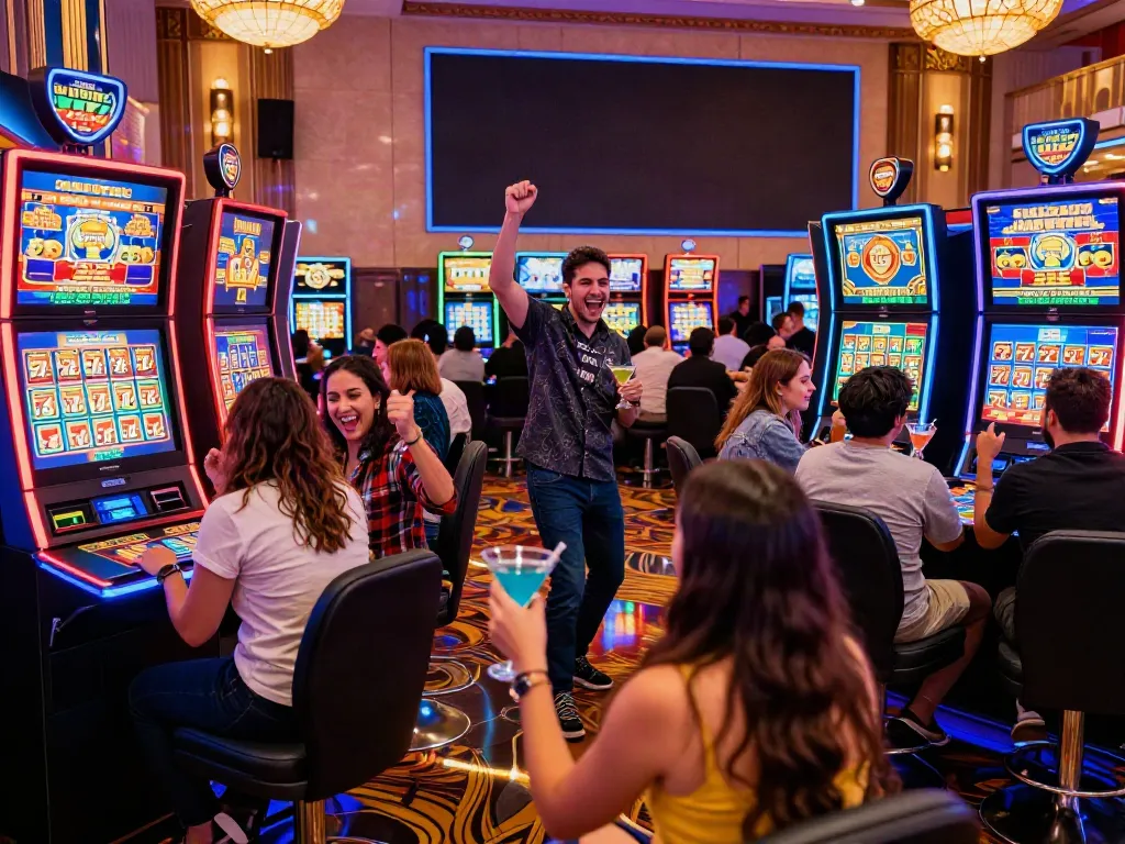 Lucky777 gaming excitement with friends celebrating wins at a vibrant casino.