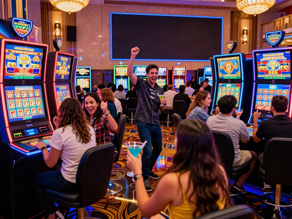 Lucky777 gaming excitement with friends celebrating wins at a vibrant casino.