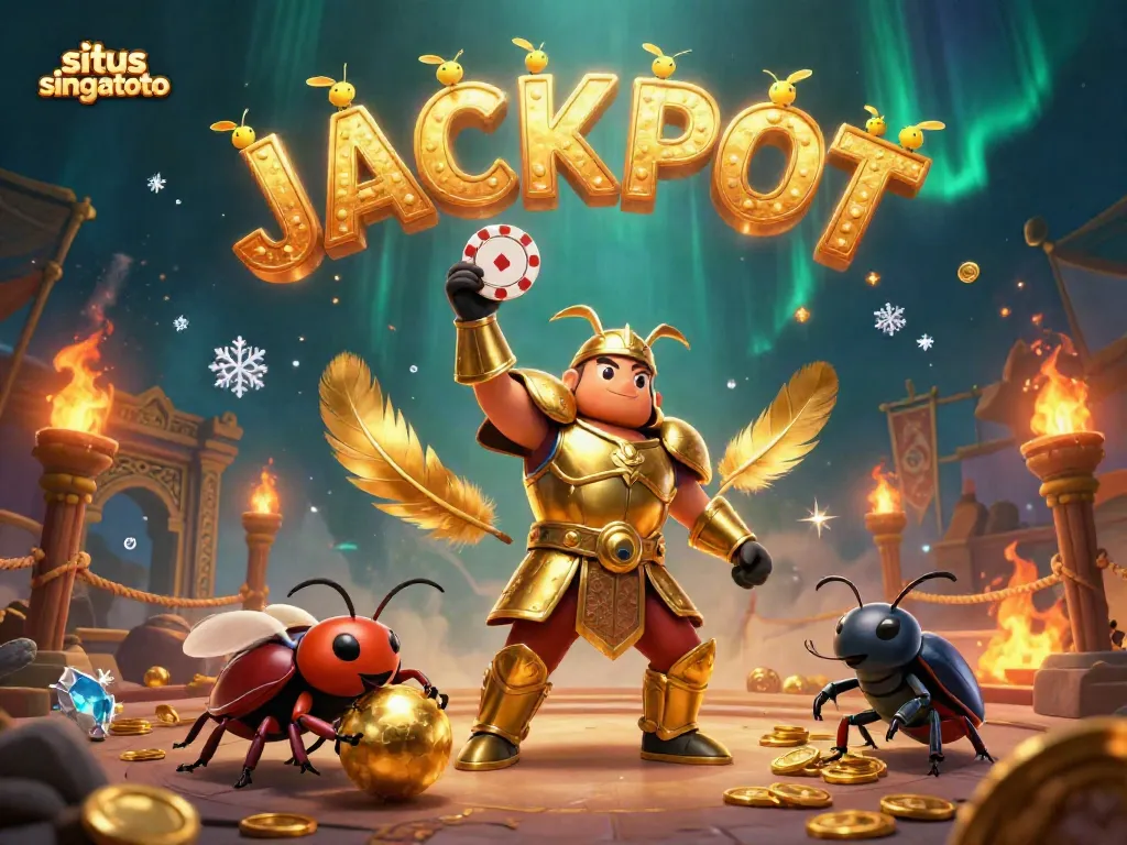 Situs singatoto highlights a victorious hercules beetle with poker chips and fireflies in a vibrant, energetic casino setting.