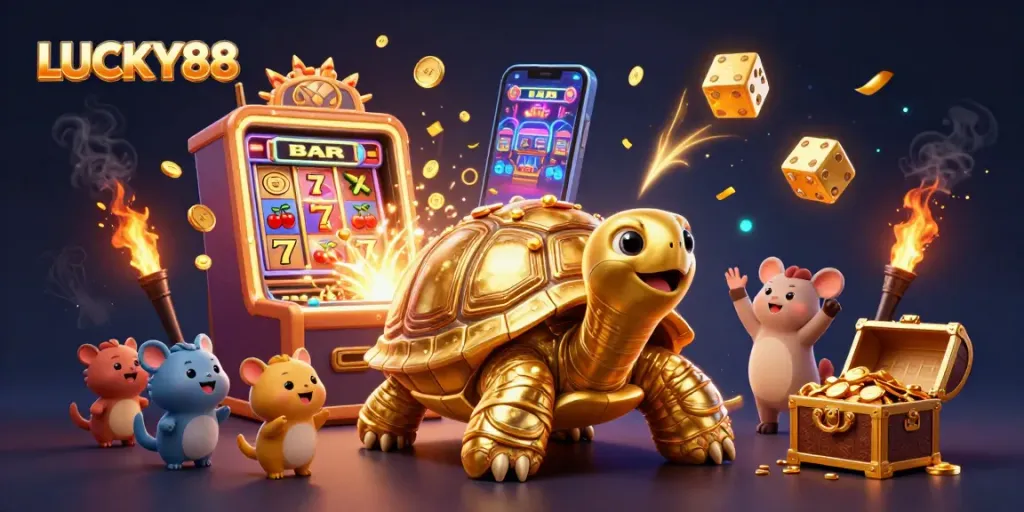Experience excitement at LUCKY88 with a golden tortoise pinball machine amidst a jackpot explosion of fun.