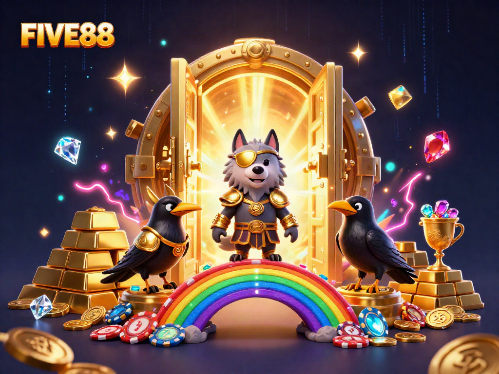 Engage in exciting gaming at FIVE88 with a vibrant cartoon illustration of Odin and his ravens amidst casino treasures.