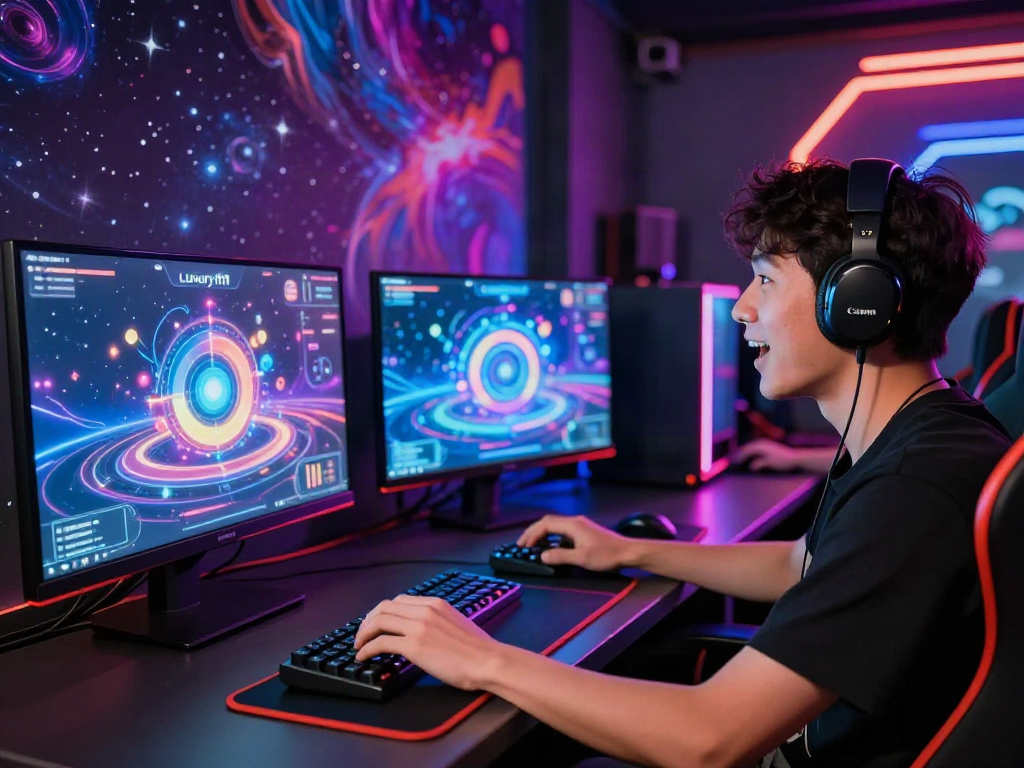 Engaged player experiencing luxury111 login in a vibrant online gaming environment with cosmic graphics.