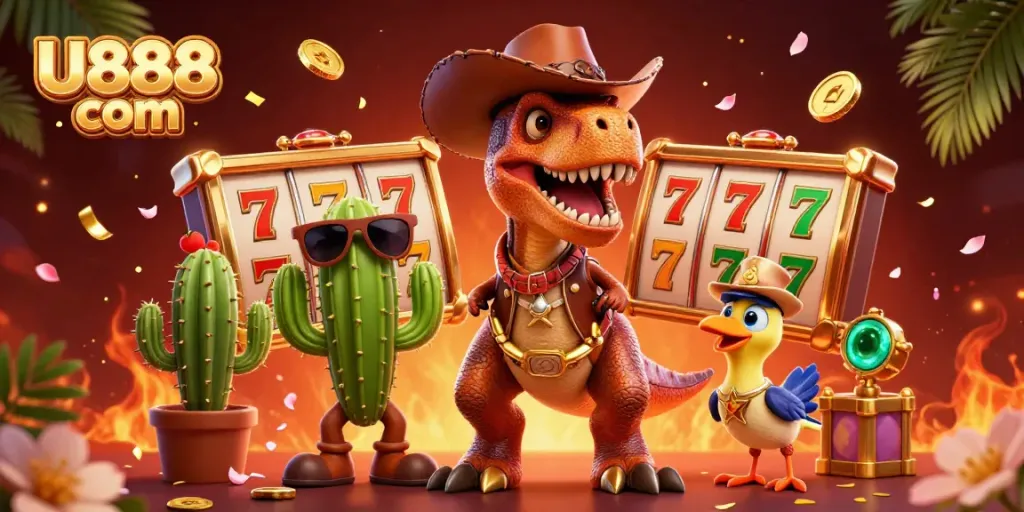 Engage with U888 com’s vibrant casino scene featuring a cowboy T-Rex and colorful game elements.