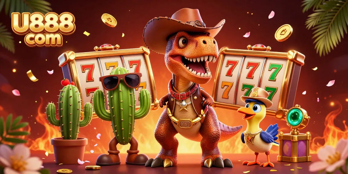 Engage with U888 com’s vibrant casino scene featuring a cowboy T-Rex and colorful game elements.