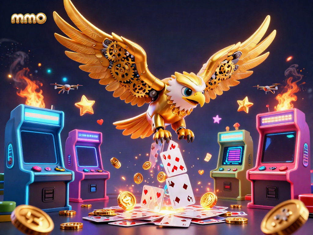 Engaging mmoo casino illustration featuring a golden eagle surrounded by gaming elements.