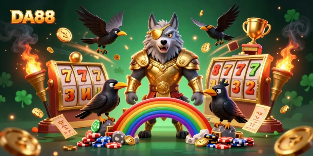 Engage with DA88's thrilling slots as Odin and his ravens stand over a shimmering casino world.