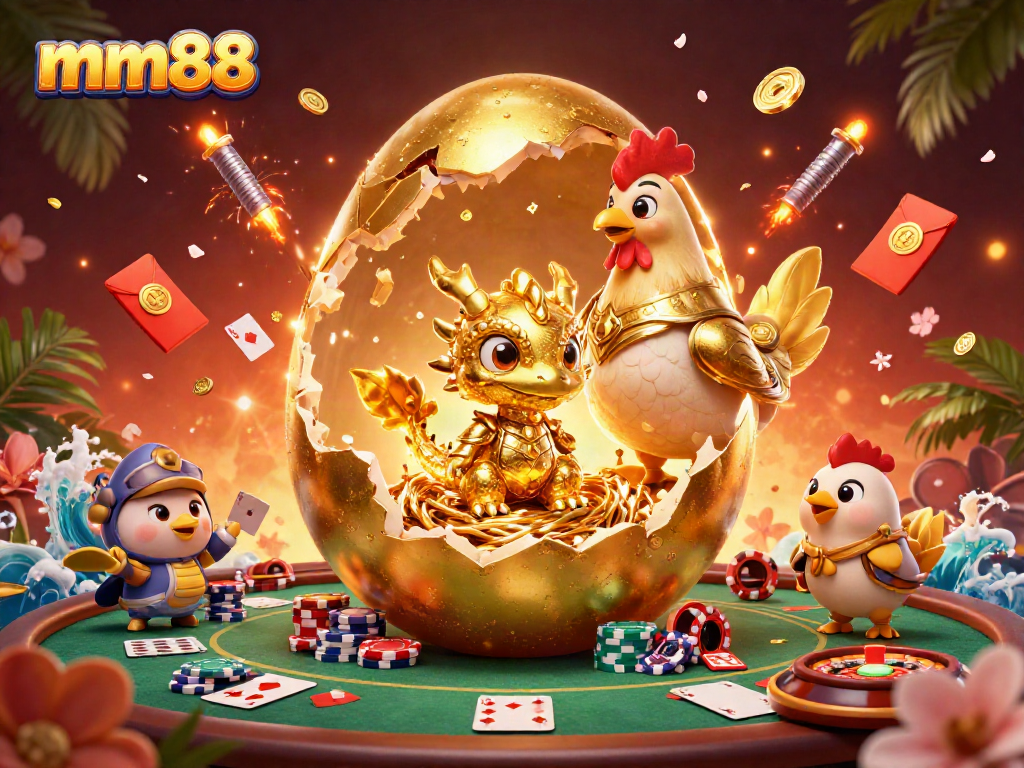 Engage in thrilling casino action with mm88, featuring a golden dragon and poker elements.