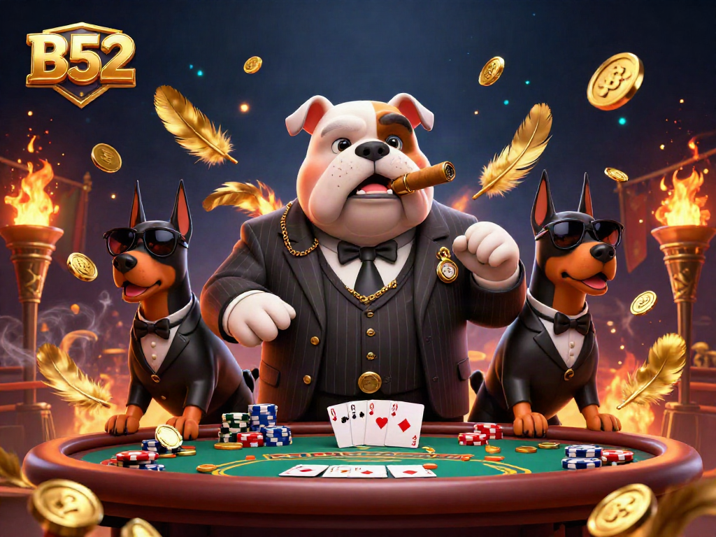 B52 mafia boss bulldog leads an epic poker showdown with dynamic elements and betting excitement.