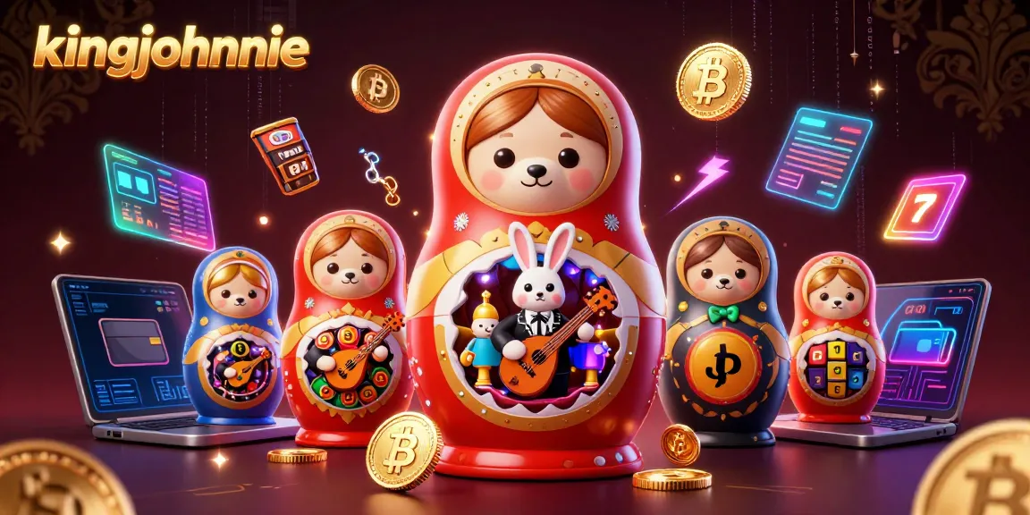 Engage with kingjohnnie in a vibrant casino-themed 3D illustration featuring cartoon bears and crypto elements.