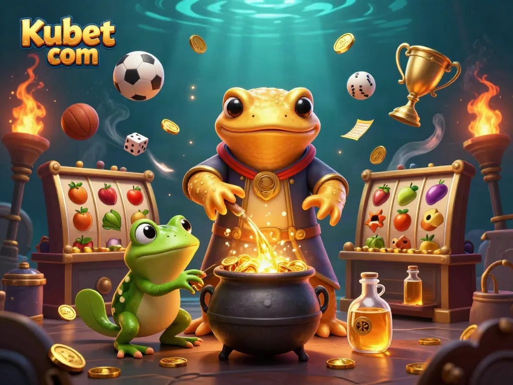 Join the excitement at Kubet com with vibrant casino elements showcasing a magical gold transmutation scene.