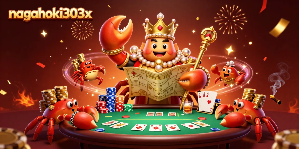 Merayakan kemenangan di nagahoki303x dengan kepiting emas raksasa dan tumpukan chip poker berkilauan.