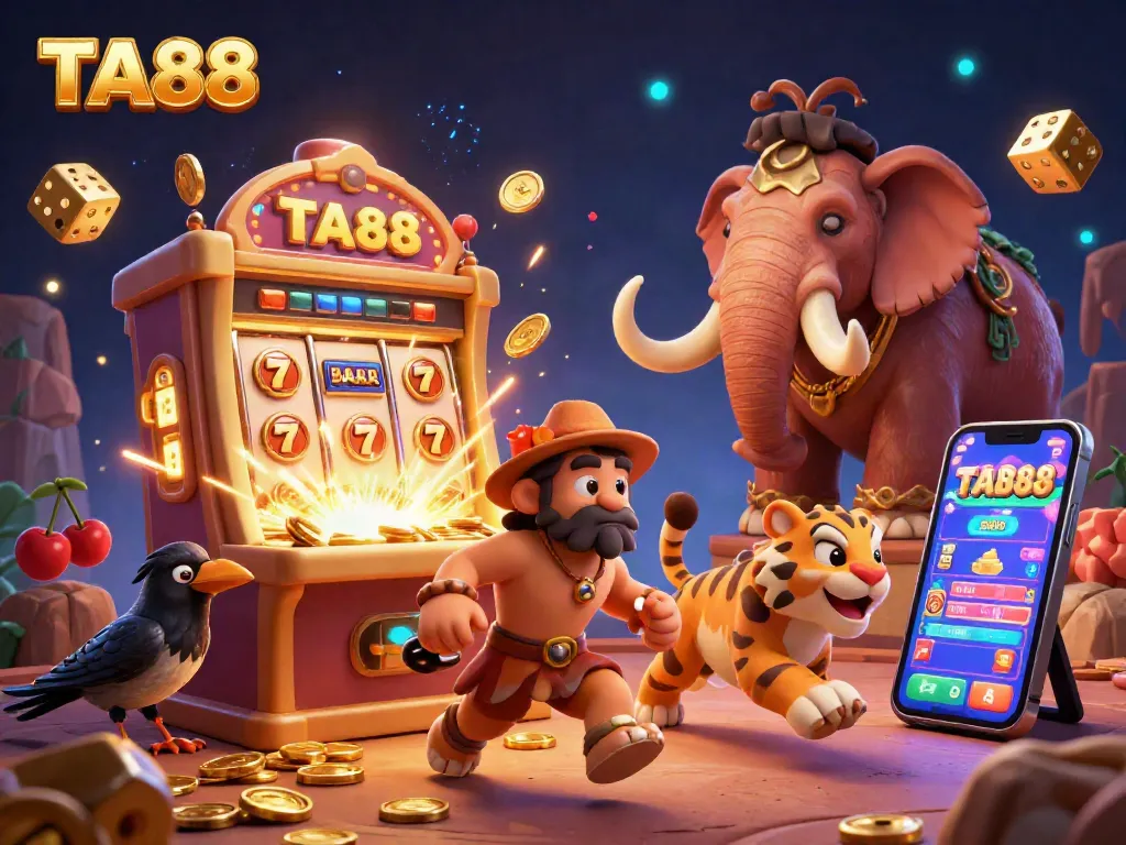 Experience the excitement of TA88's dynamic live casino with colorful characters and vibrant slot machines.