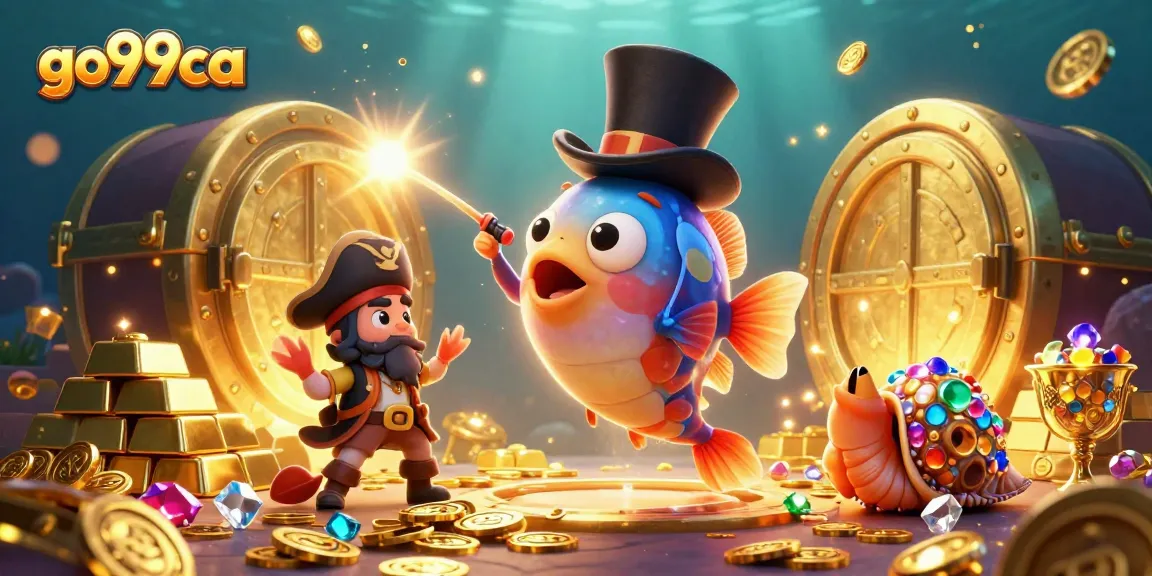 Engaging go99ca scene with 3D deep-sea anglerfish and pirate shrimp attracting treasures.