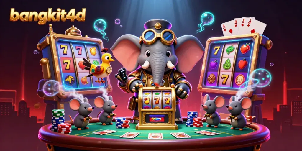 Permainan slot beragam di BANGKIT4D dengan simbol buah yang berkilau di sekitar karakter tiga dimensi.