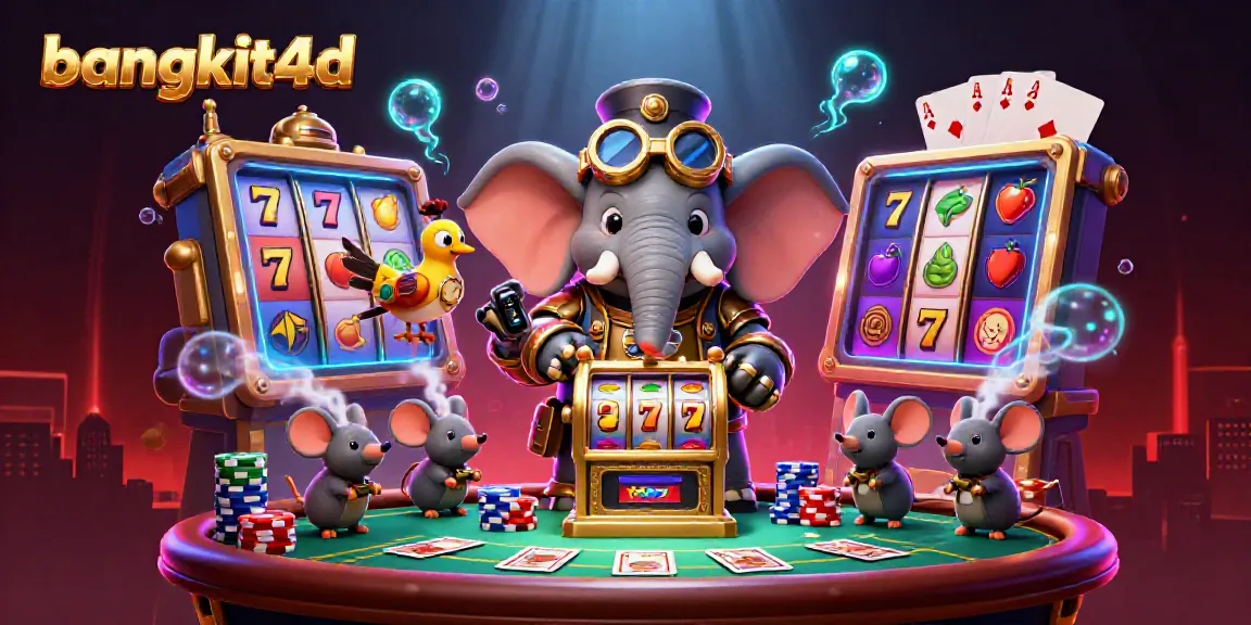 Permainan slot beragam di BANGKIT4D dengan simbol buah yang berkilau di sekitar karakter tiga dimensi.