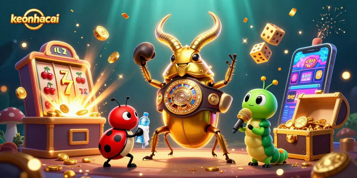 Experience the excitement of keonhacai with a golden stag beetle in a boxing ring surrounded by casino elements.