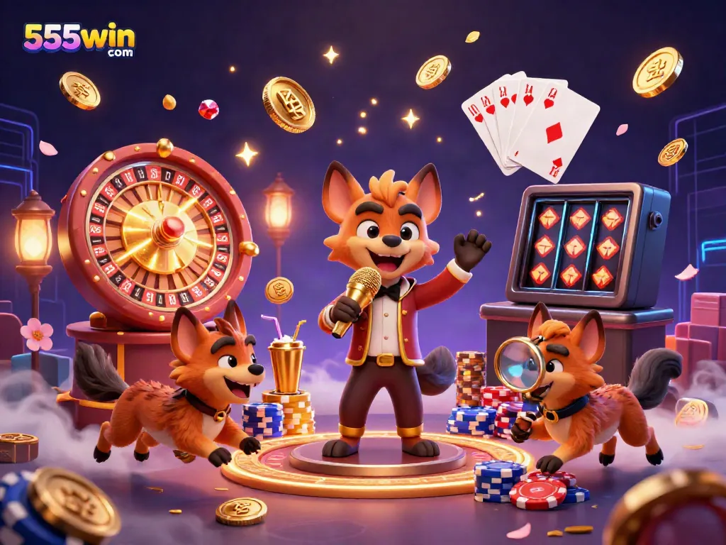 Engage in lively gameplay with 555win com at a vibrant comedy casino featuring hyenas, golden coins, and roulette excitement.
