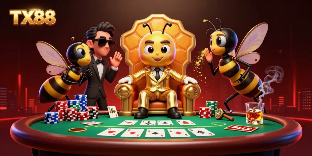Engage with TX88's thrilling poker scene featuring the bumblebee mob boss in a dynamic casino setting.
