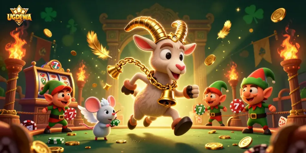 Join the fun with UGDEWA's festive casino scene featuring characters in a holiday atmosphere.