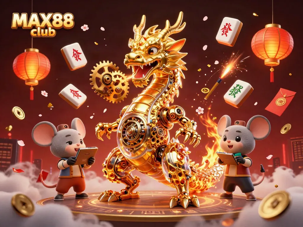 Experience the excitement at MAX88 club with a golden dragon breathing gears amidst vibrant casino elements.