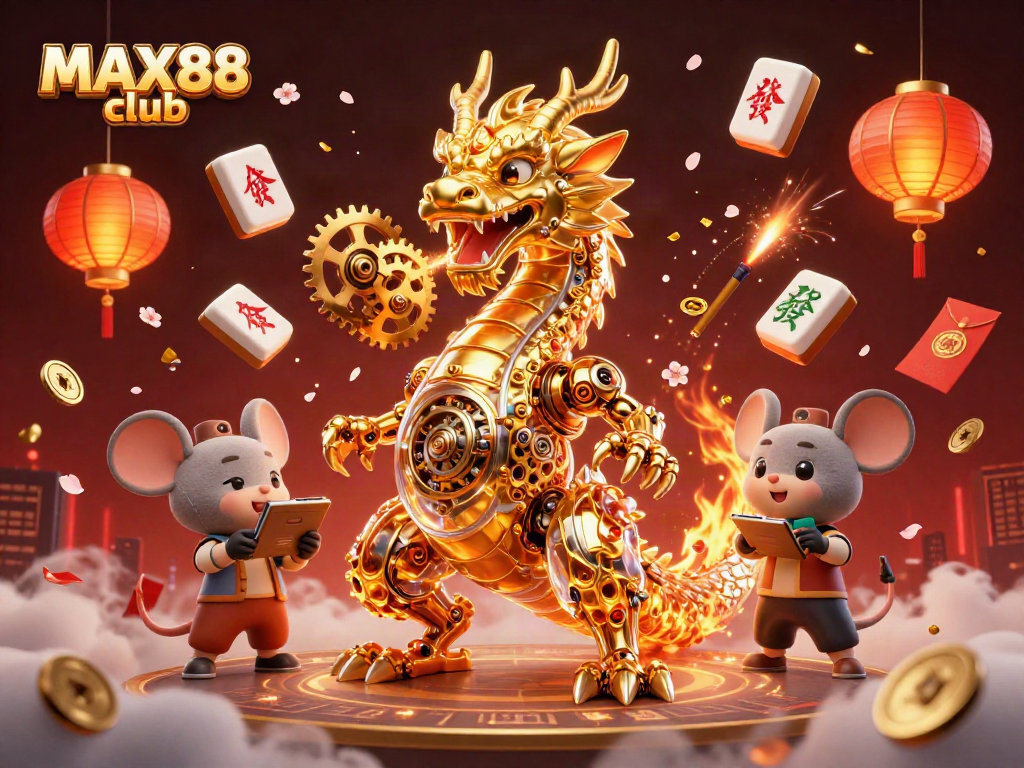 Experience the excitement at MAX88 club with a golden dragon breathing gears amidst vibrant casino elements.