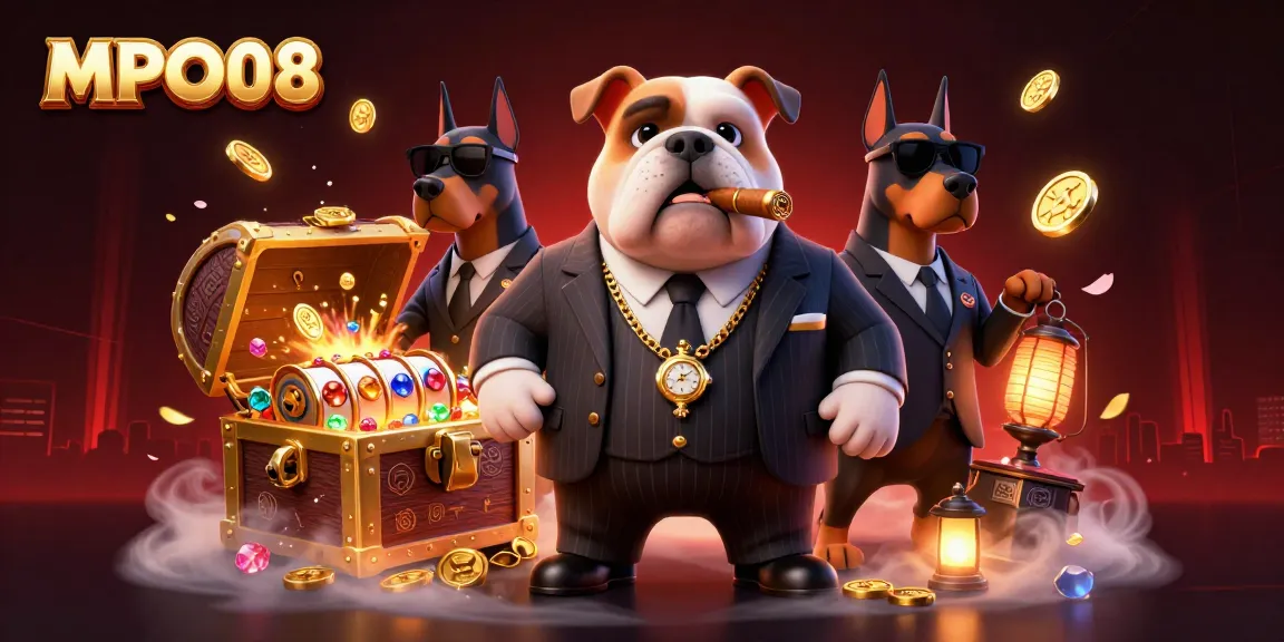 Engage with MPO08 as animated mafia characters flanked by treasure and slot elements in a vibrant online casino scene.