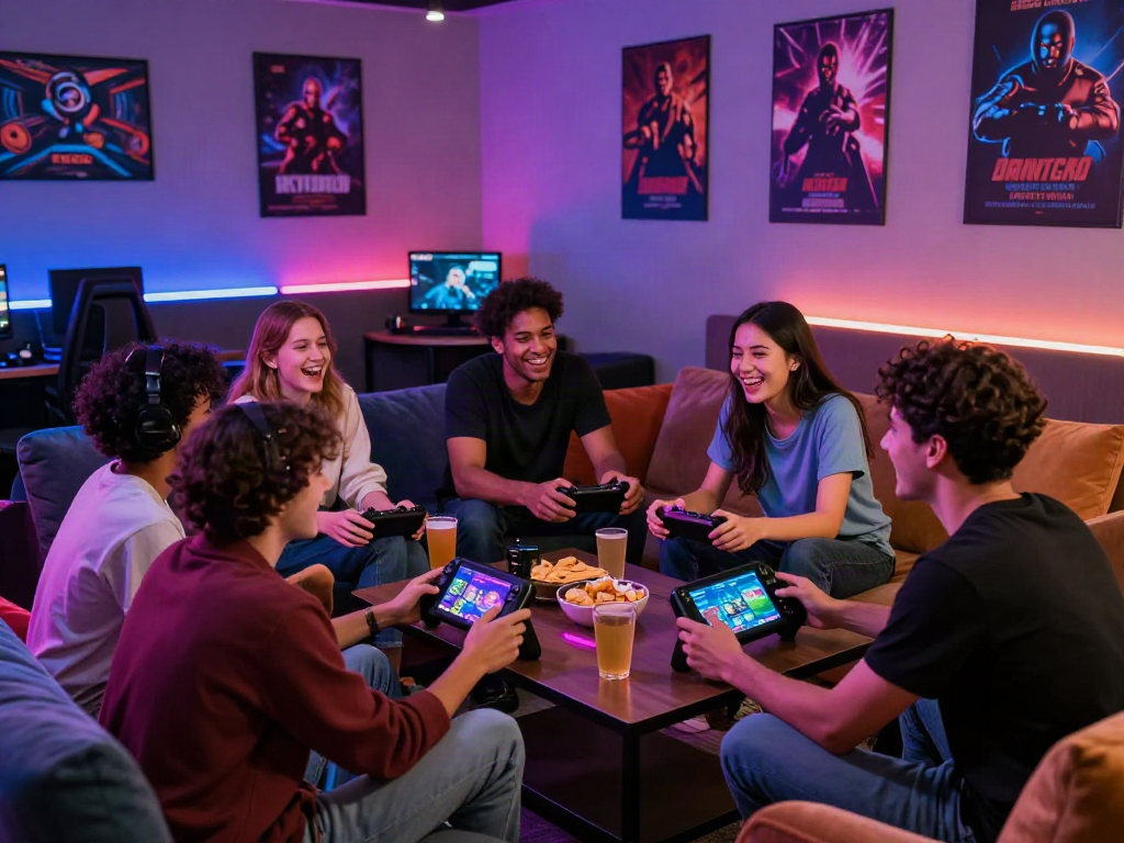 Engaging scene of friends enjoying sex games together in a lively gaming lounge with colorful lighting and snacks.
