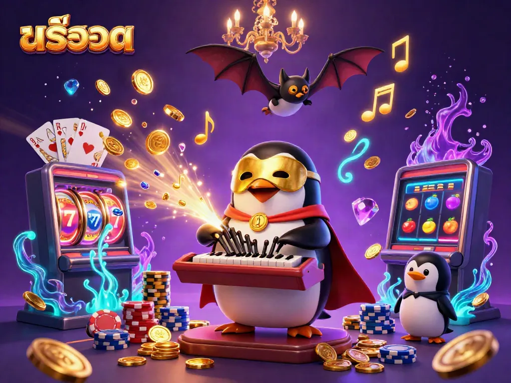 Spin the สล็อต reels with golden coins and vibrant gems amidst a dynamic casino scene.