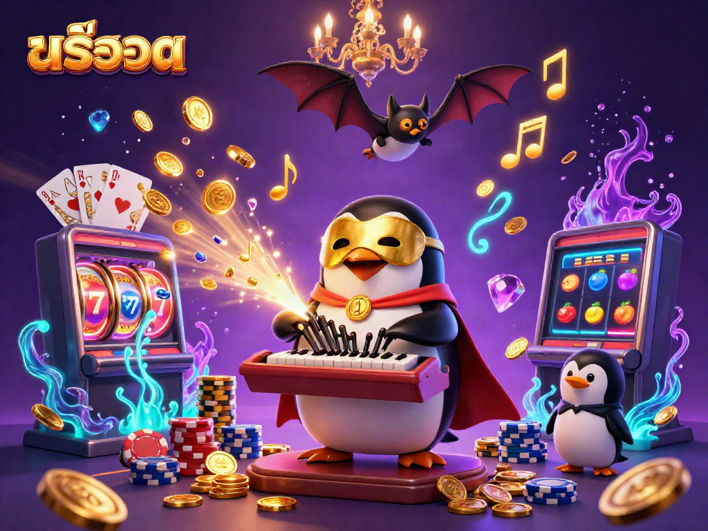 Spin the สล็อต reels with golden coins and vibrant gems amidst a dynamic casino scene.