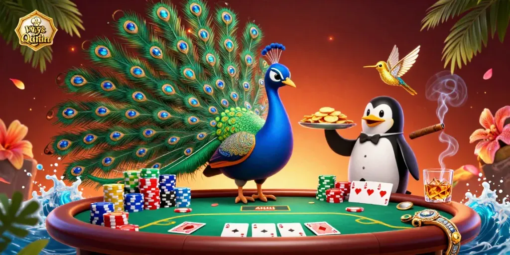 Engage with Ways of the Qilin in this vibrant casino scene featuring a peacock, penguin, and hummingbird.