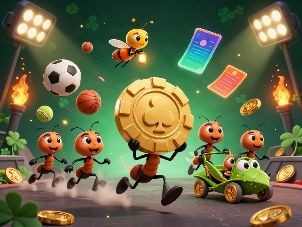 Experience the excitement at febet with a whimsical 3D illustration of ants stealing a giant poker chip in a casino heist.