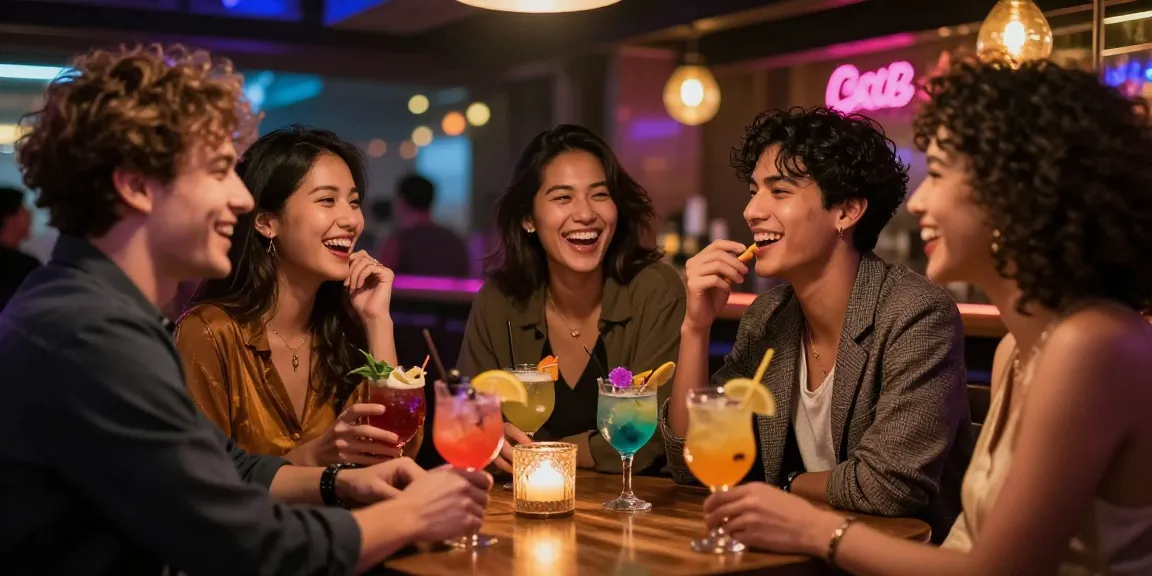 Gái gọi đang thưởng thức đồ uống cùng bạn bè trong không gian thời thượng, tạo cảm giác vui vẻ.