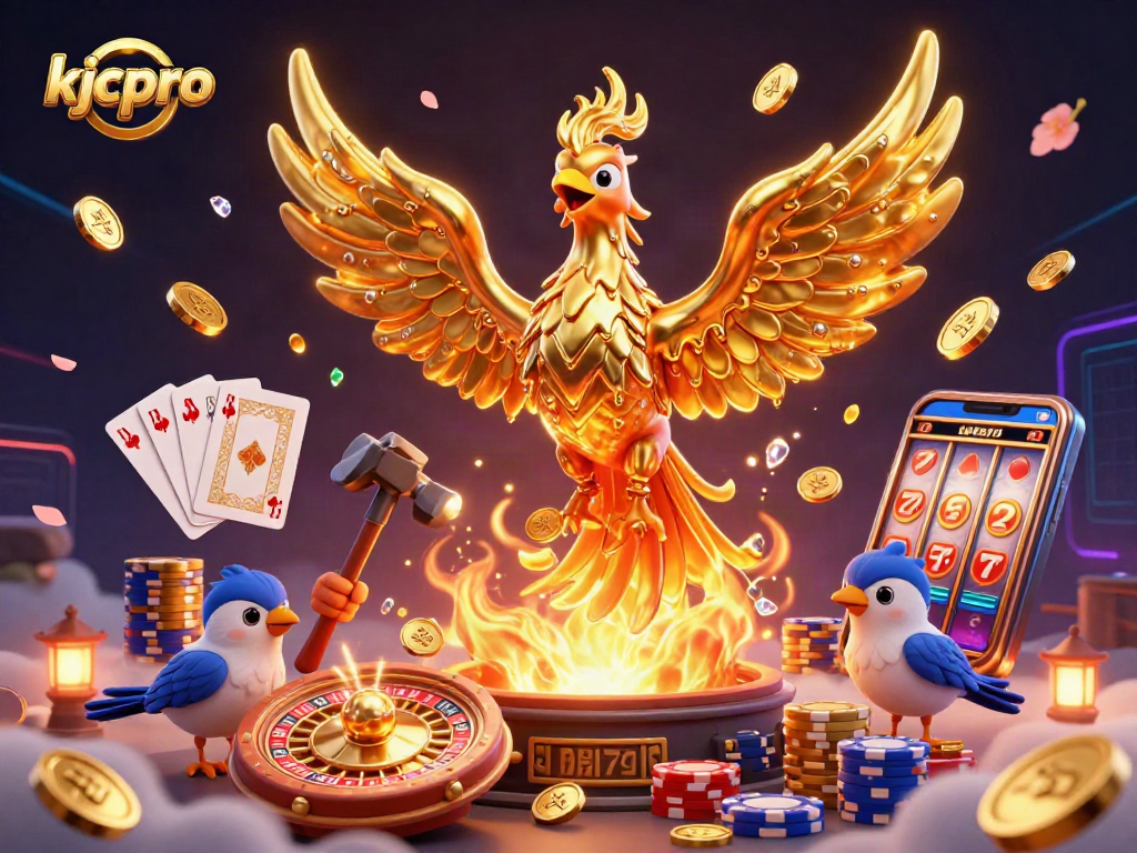 Engage in thrilling gameplay with kjcpro as the golden phoenix soars amidst coins and casino elements.