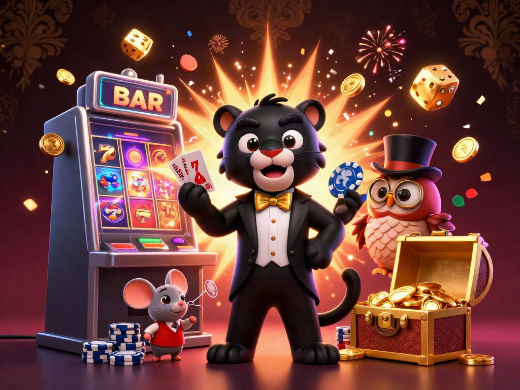 Kuwin's dynamic gaming experience with a tuxedoed panther dealing cards beside an owl with poker chips in a vibrant casino setting.