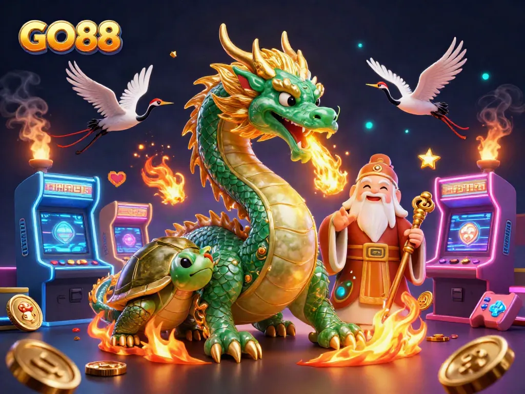 Experience the excitement of gaming with GO88 as a majestic jade dragon and lucky cranes soar above vibrant casino elements.