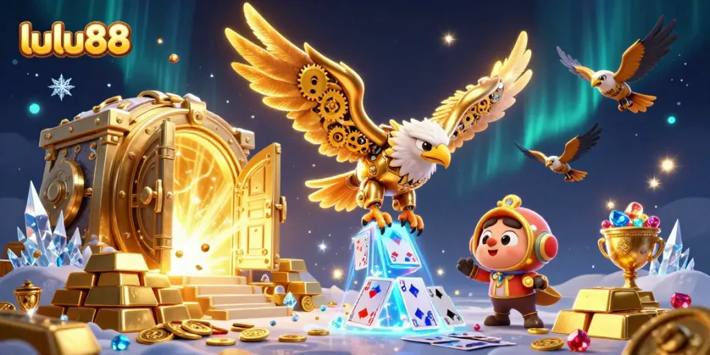 Experience thrill and wins at lulu88 with a vibrant, detailed 3D casino scene packed with treasures and game elements.
