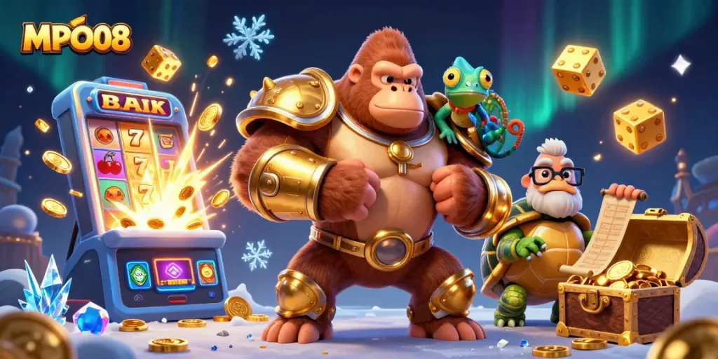 Experience the excitement of MPO08 through a vibrant 3D cartoon illustration filled with dynamic gambling elements.