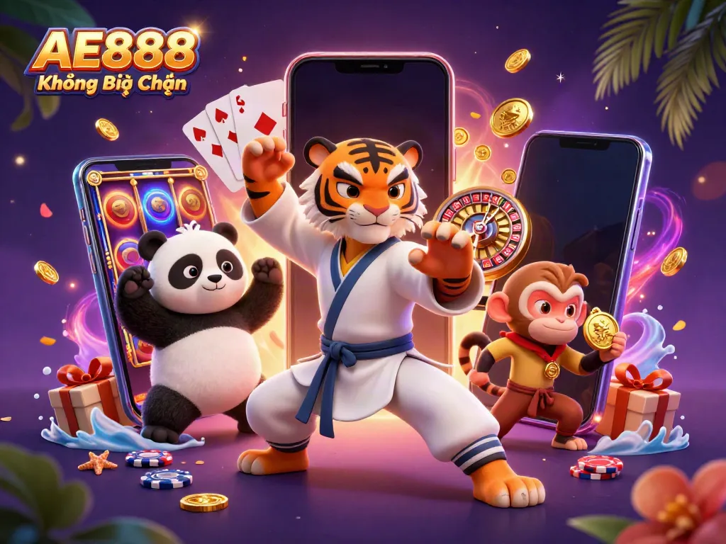 Engage with AE888 Không Bị Chặn through a lively scene featuring a kung fu master and fun casino elements.