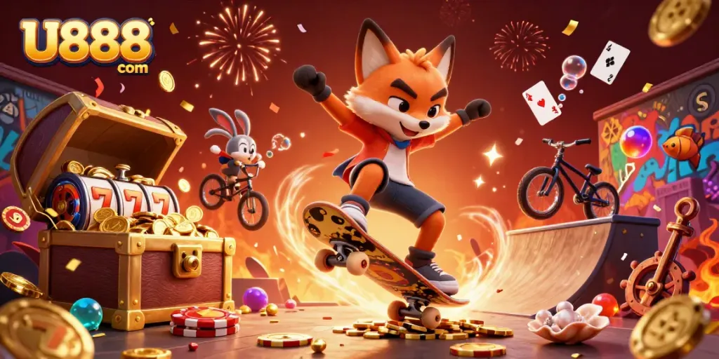 Experience the thrill at U888 com with a dynamic scene featuring a skateboarder fox and BMX rabbit in a vibrant casino setting.