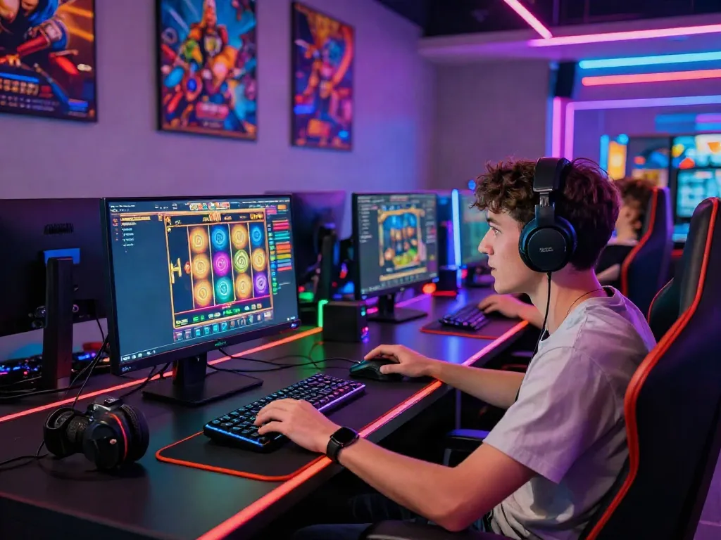 Engaging online gaming setup showcasing akunjp player immersed in vibrant digital casino.