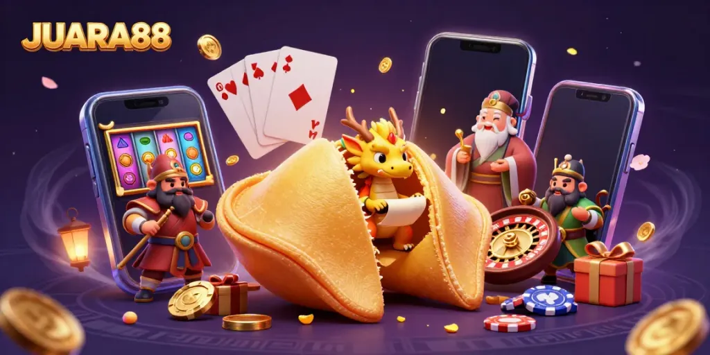 JUARA88 showcases vibrant slot gaming through a unique 3D illustration featuring magical elements.